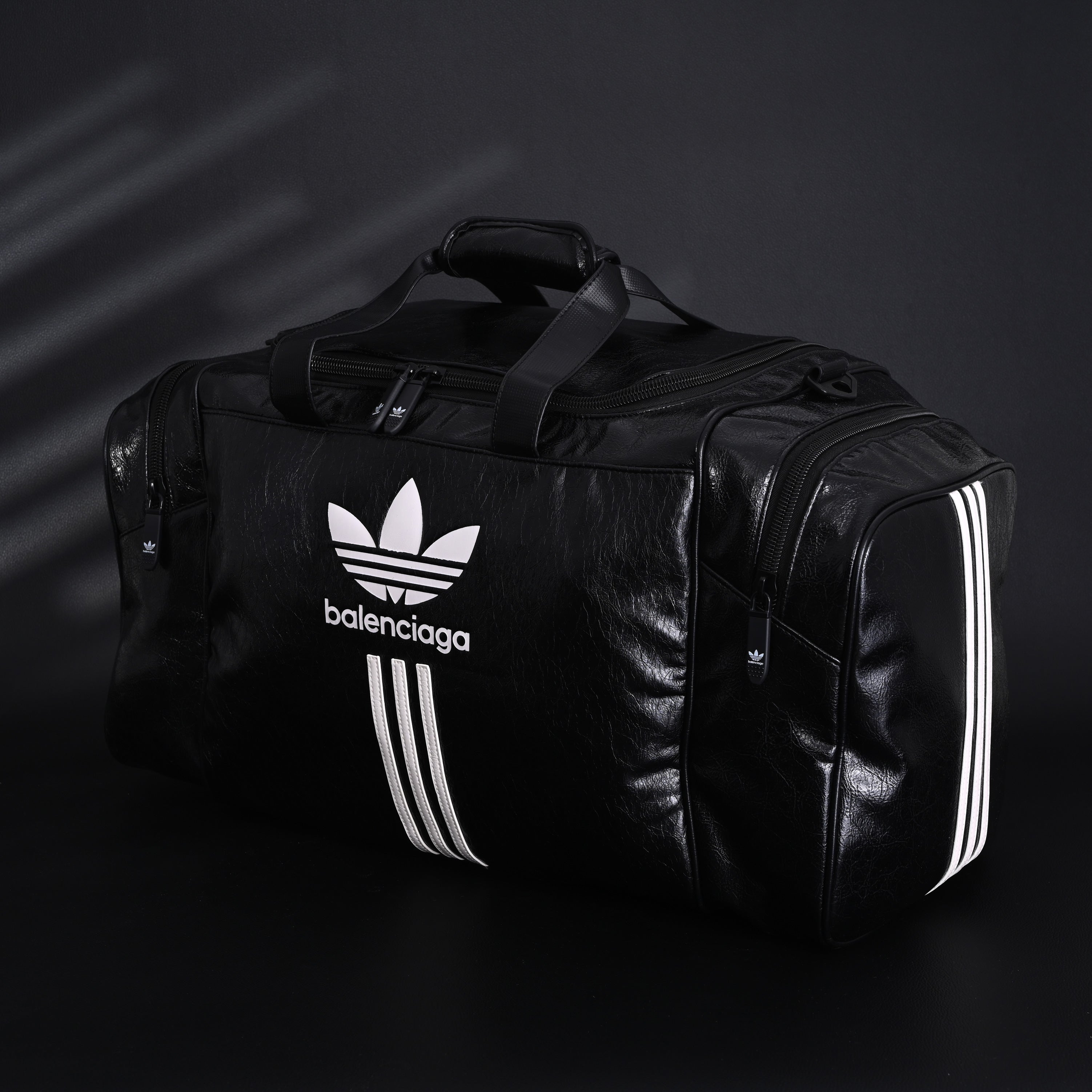 Balenciaga x adidas Large Duffel Travel Bag ¨C Black with Trefoil Logo and Triple Stripes