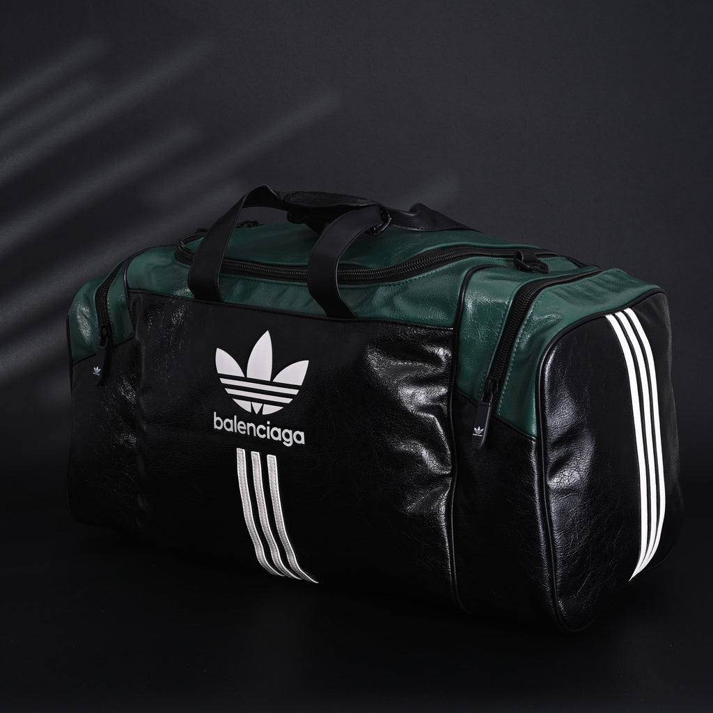 Balenciaga x adidas Large Duffel Travel Bag ¨C Black & Green with Trefoil Logo and Triple Stripes
