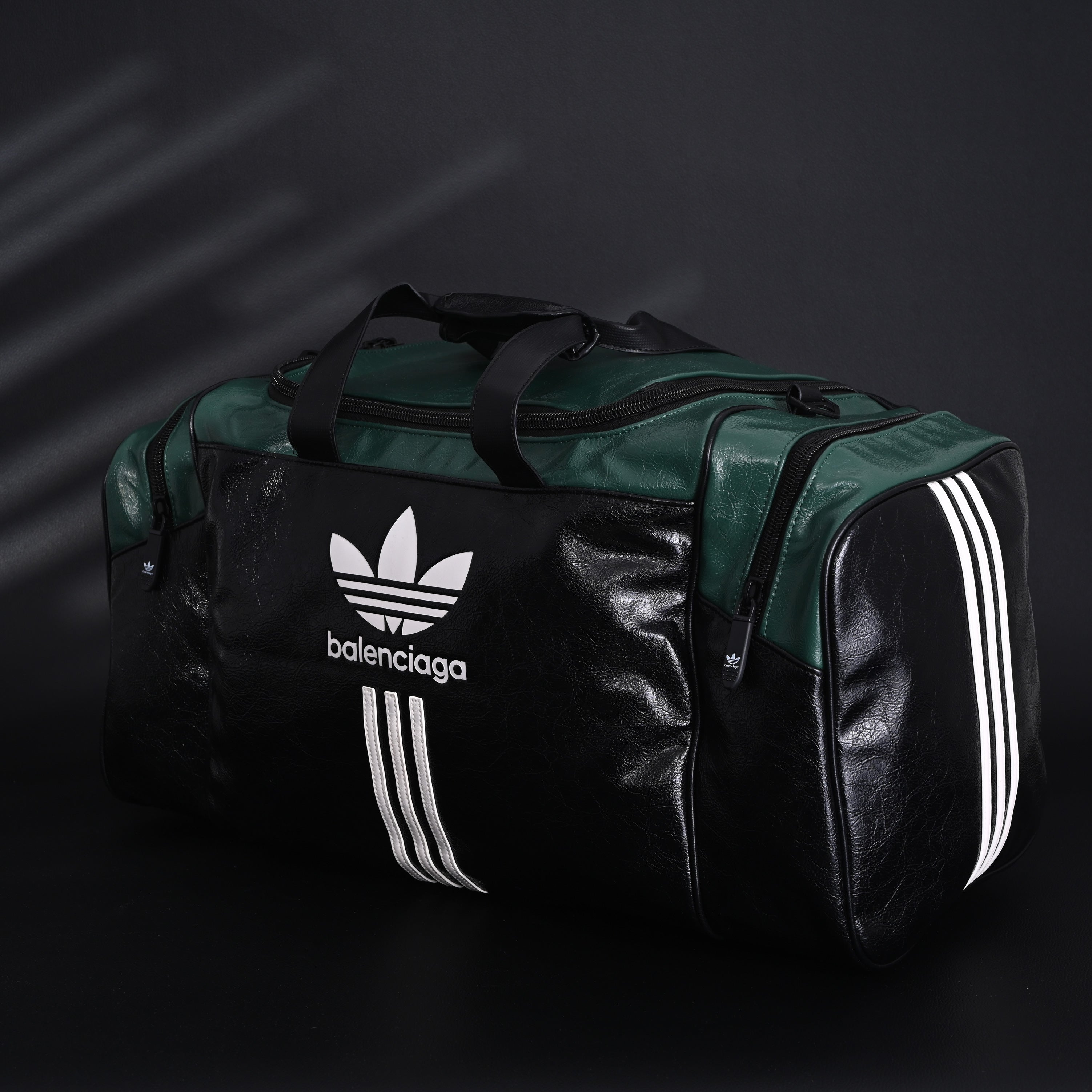 Balenciaga x adidas Large Duffel Travel Bag ¨C Black & Green with Trefoil Logo and Triple Stripes